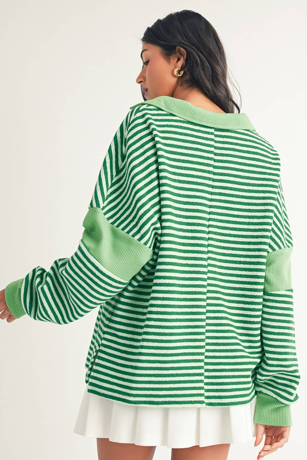Stripe Turn-Down V Neck Patchwork Loose Top