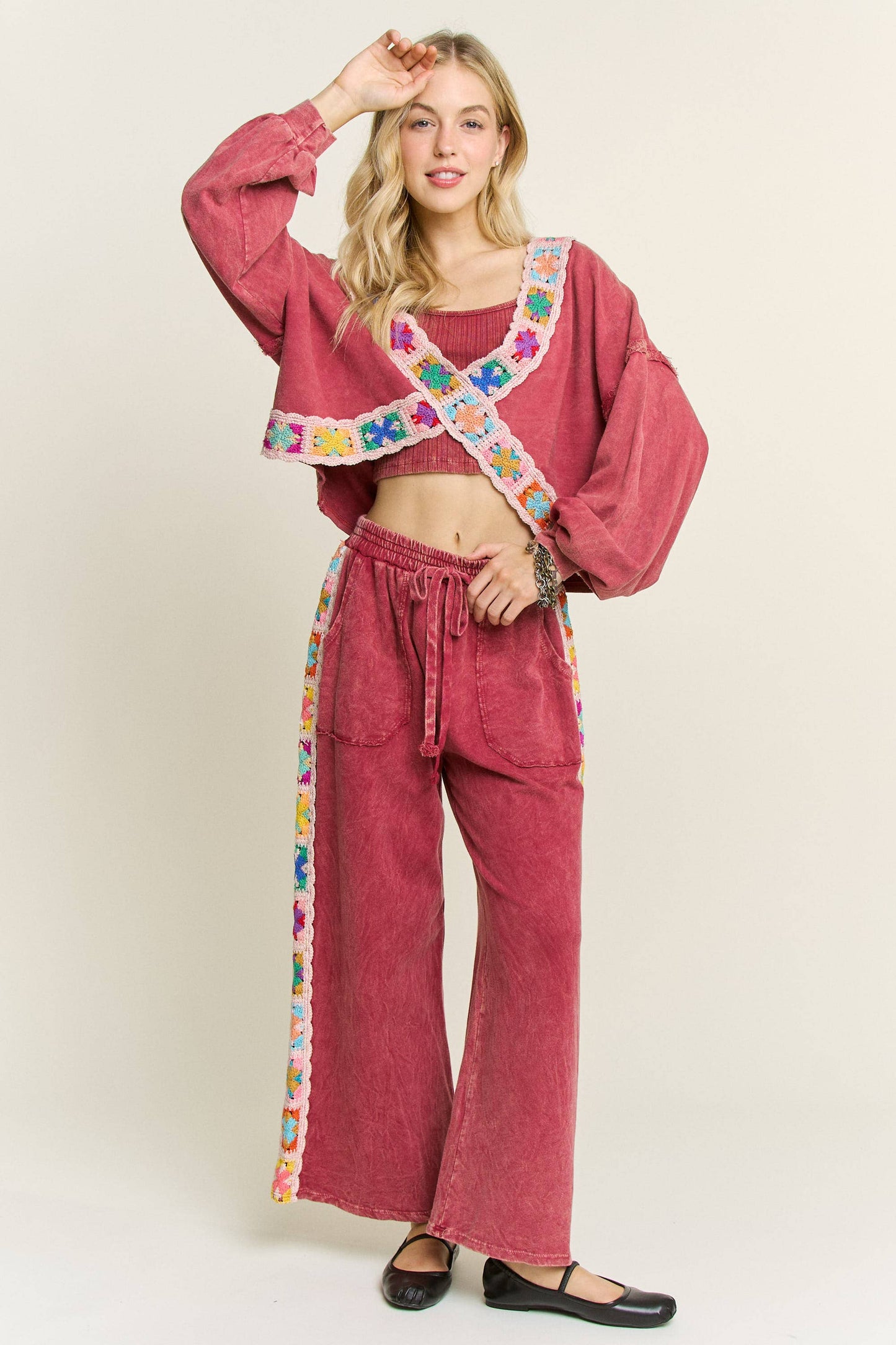 Mineral Washed Real Crochet Patch Side Trim Pant