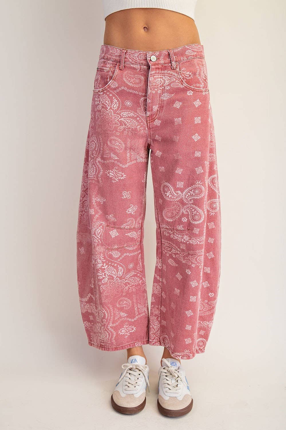 Mineral Washed Paisley Printed Barrel Jeans - Dusty Rose Bandana