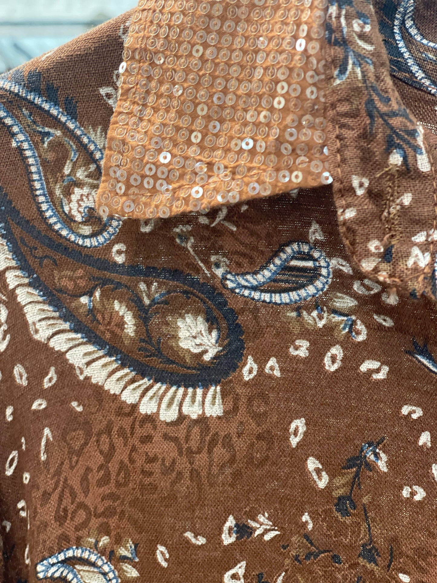 Linen Paisley Button-Up Dress with Sequin Collar