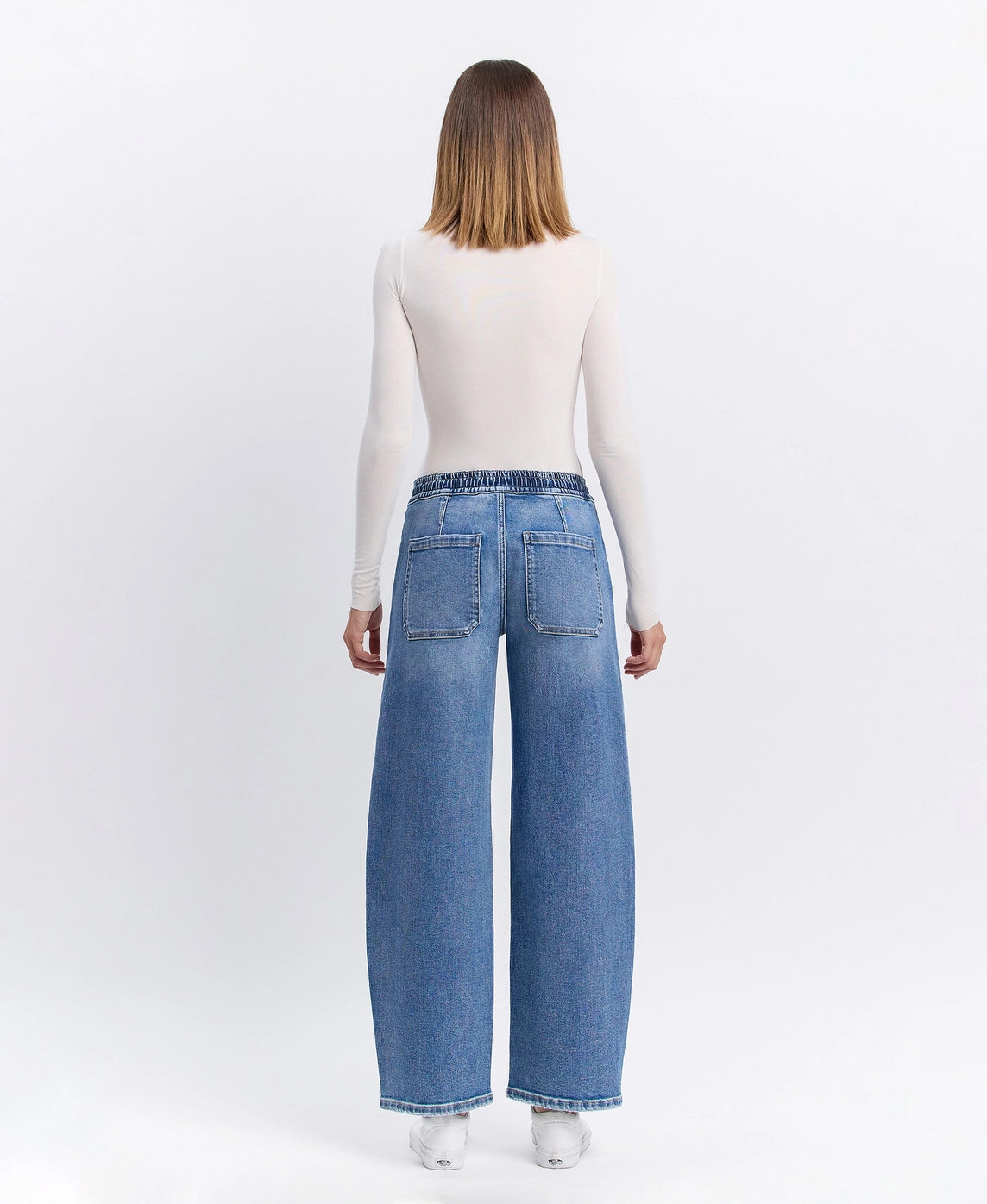High Rise Elastic Waistband Wide Barrel Jeans