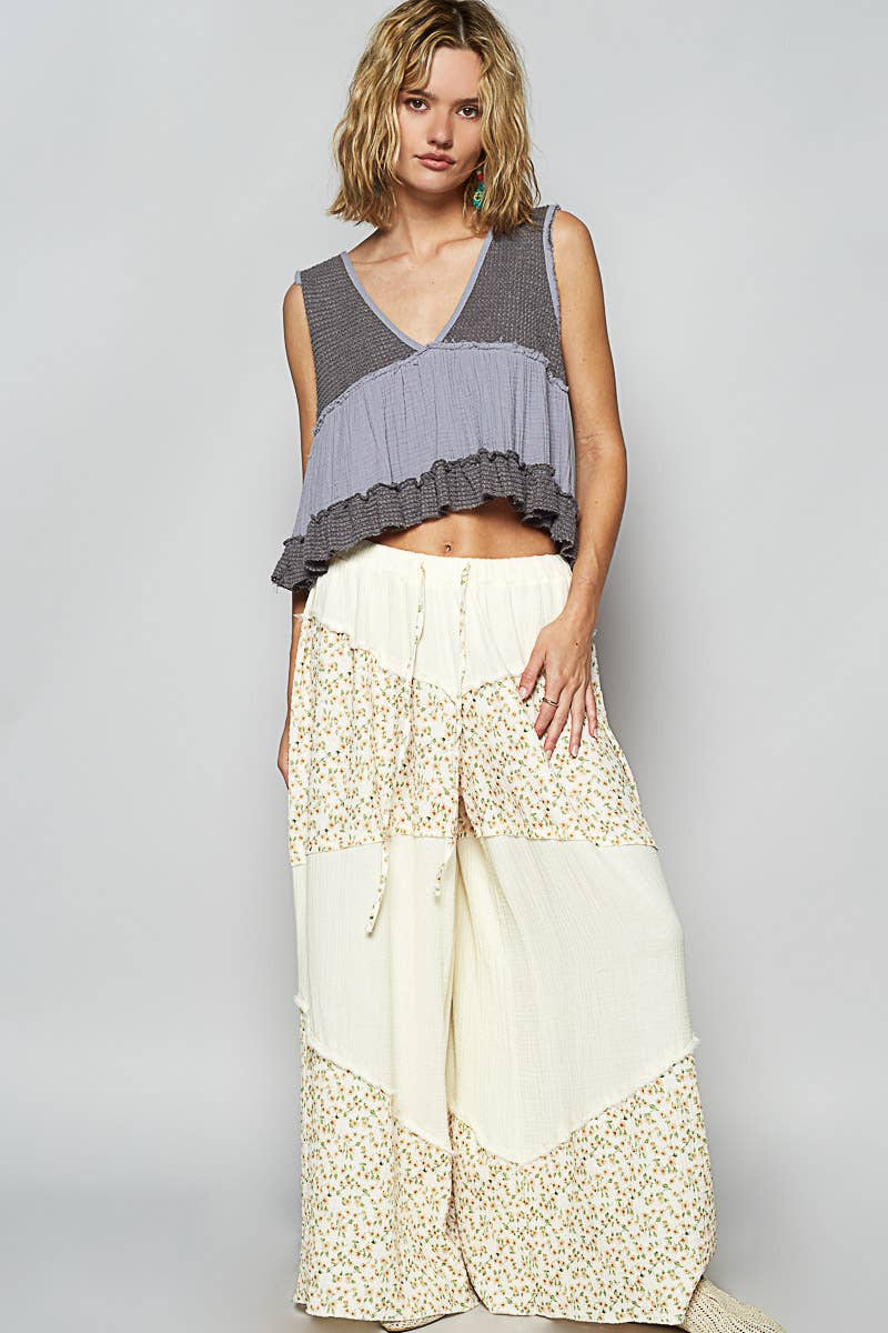 Contrast Floral Double Gauze Woven Pants