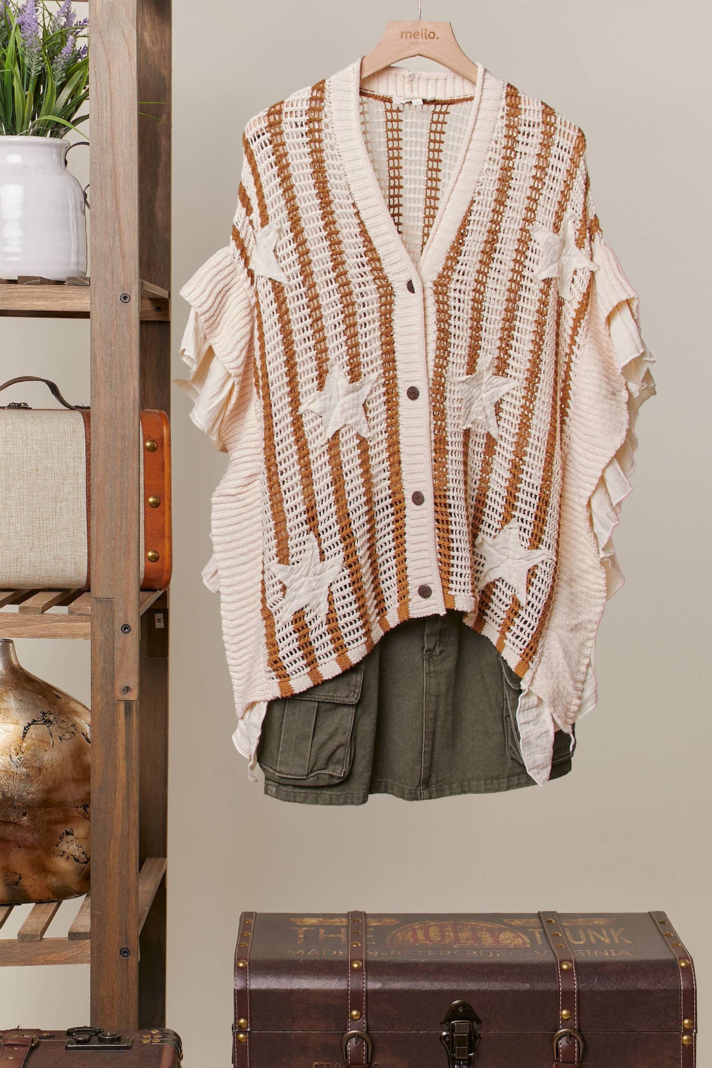 Star Patch Open-Knit Top with Ruffle Detail