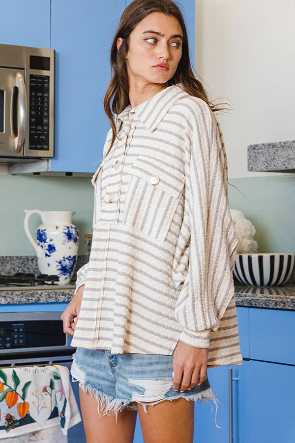 Collared Oversized Button Up Stripe Pullover Top