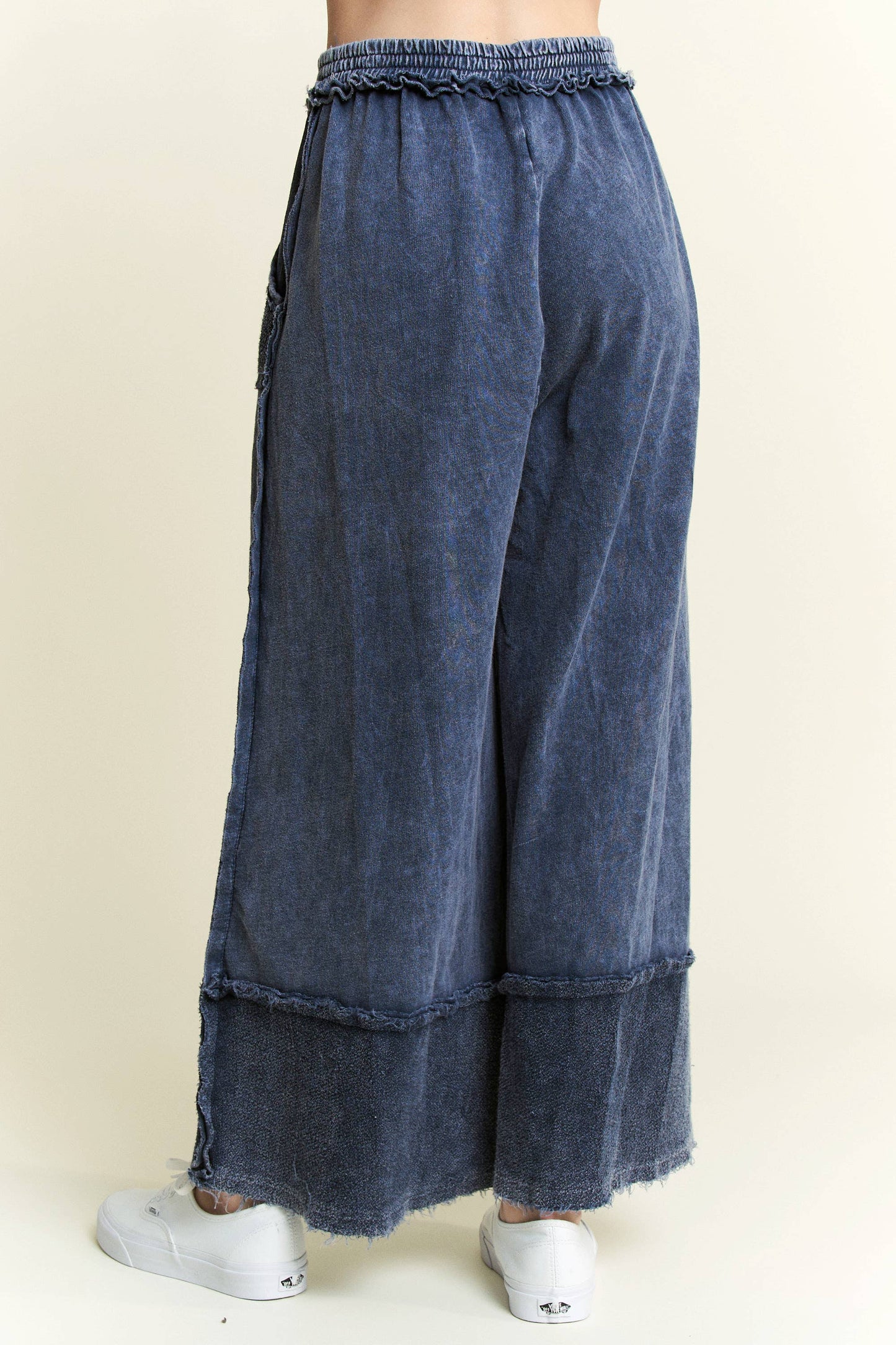 Mineral Wash Wide Pants with Raw Hem - Midnight Green