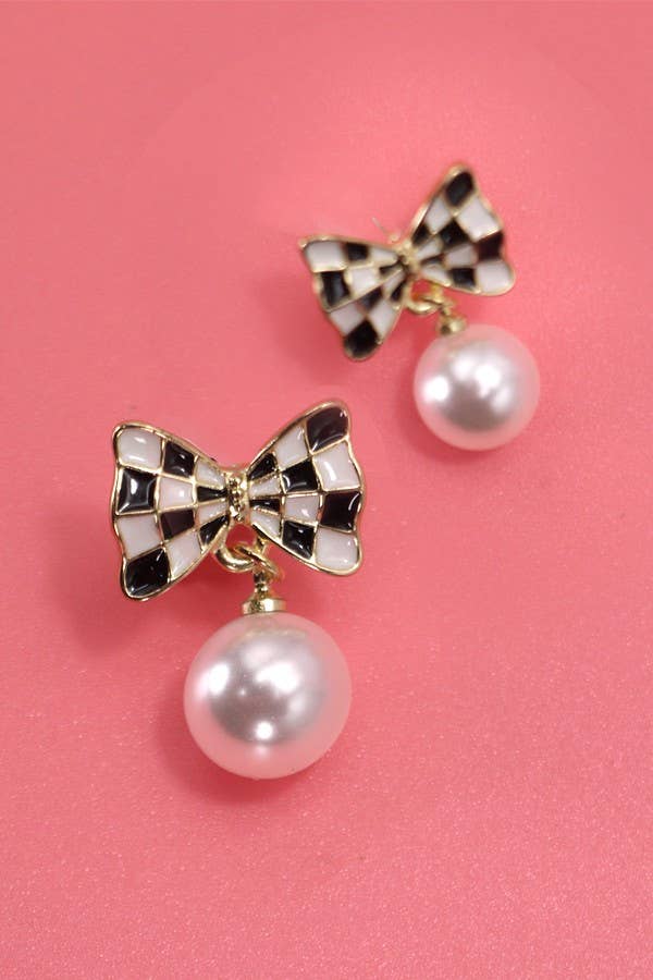 Checker Bow Pearl Drop Earrings