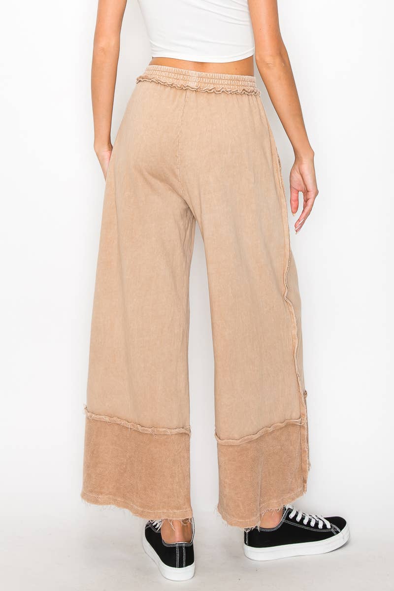 Mineral Wash Wide Pants with Raw Hem - Midnight Green