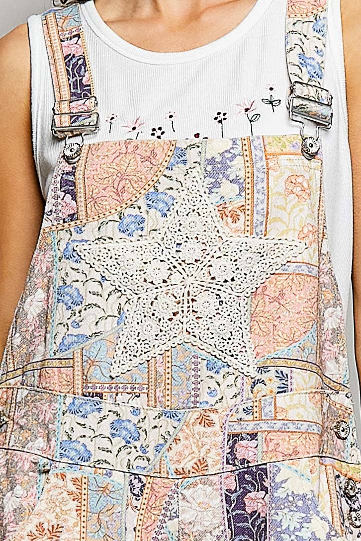 Floral Crochet Pearl Patch Roomy Fit Twill Overalls