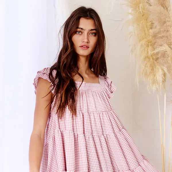 Gingham Print Tiered Babydoll Mini Dress