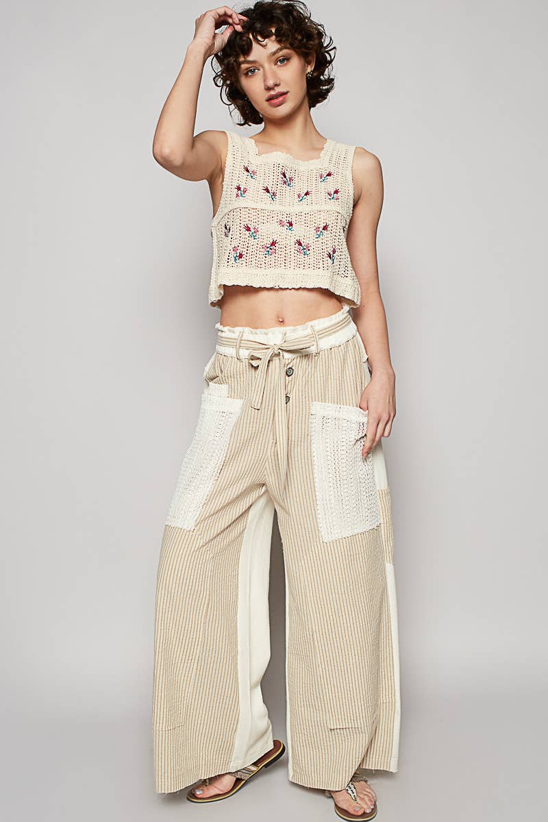 Striped Front Mesh Pockets Woven Pants