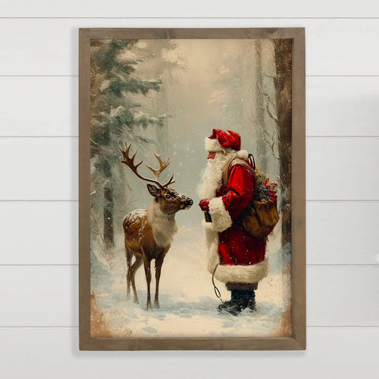 Santa Claus and Reindeer Christmas Canvas Framed Art