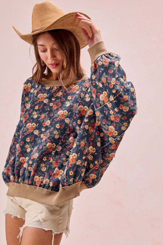 Washed Floral Frayed Round Neck Top