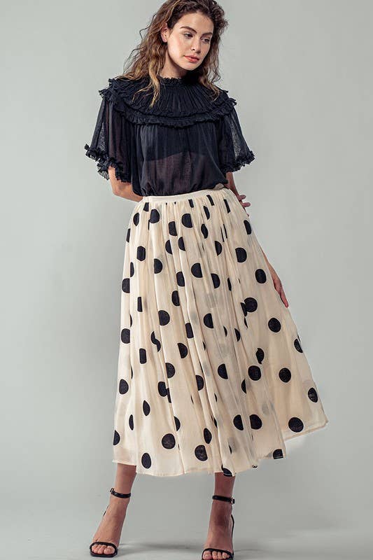 Polka Dot Elastic Waist Midi Skirt