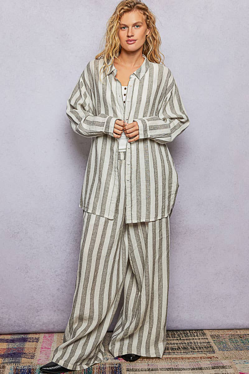 Stripe Pattern Elastic Waist Band Linen Woven Wide Pants