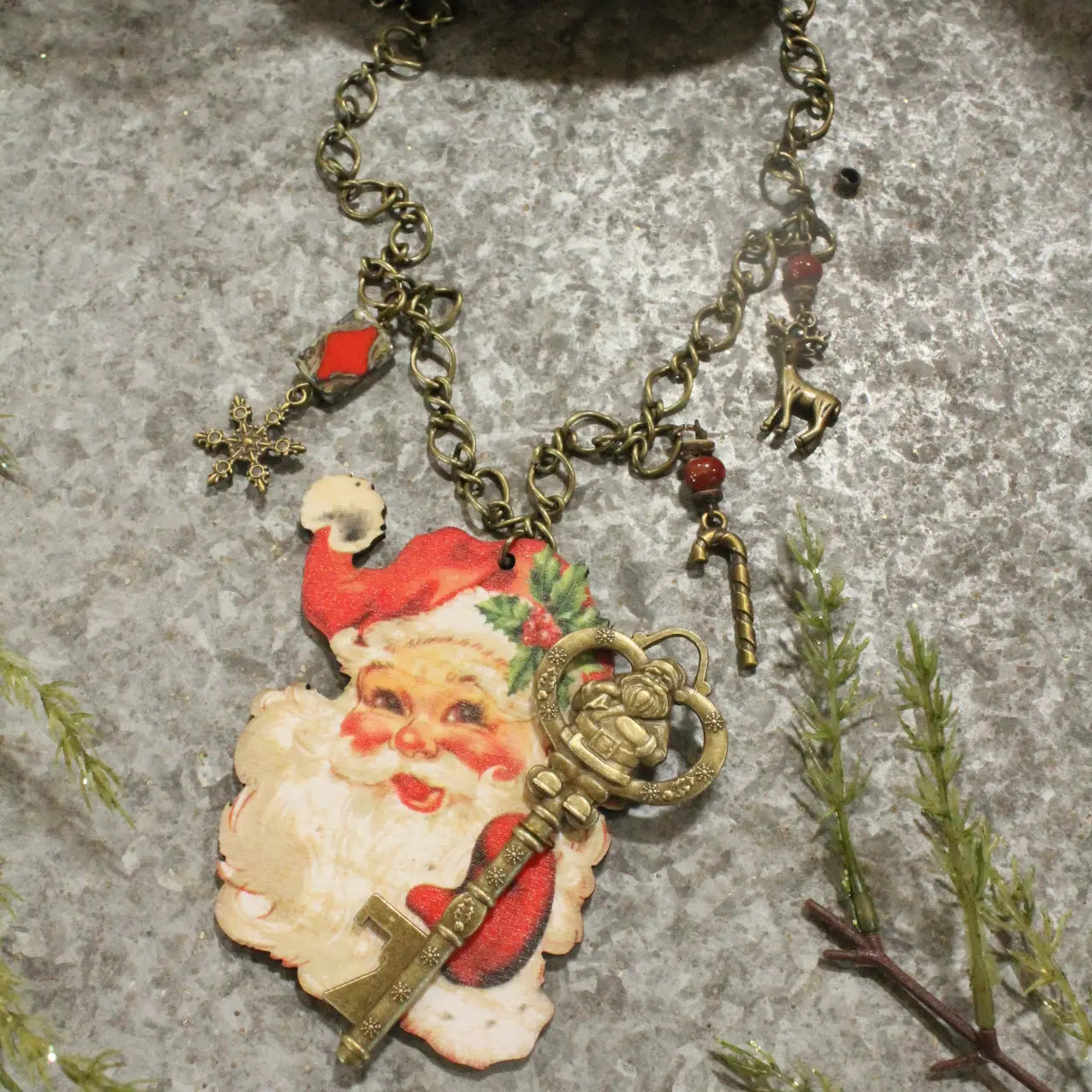 Rosy Cheeked Santa w/Holiday Charms Necklace