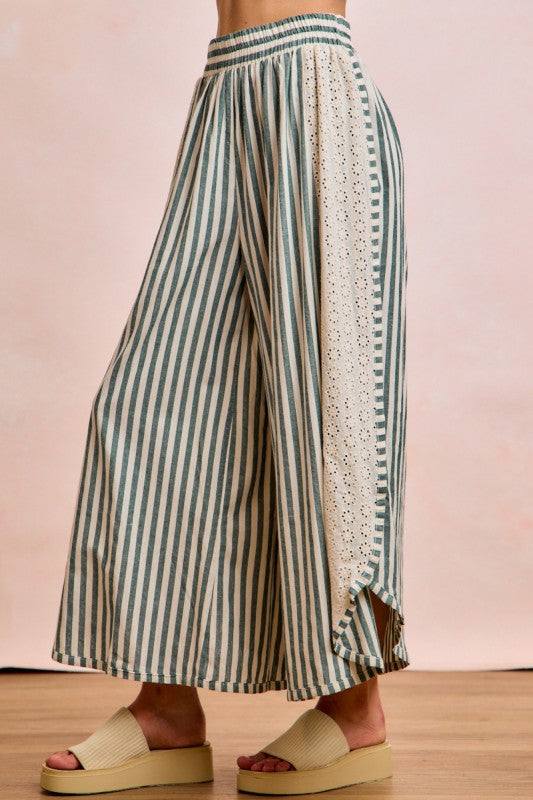 Floral Eyelet Side Elastic Stripes Wide Leg Pants