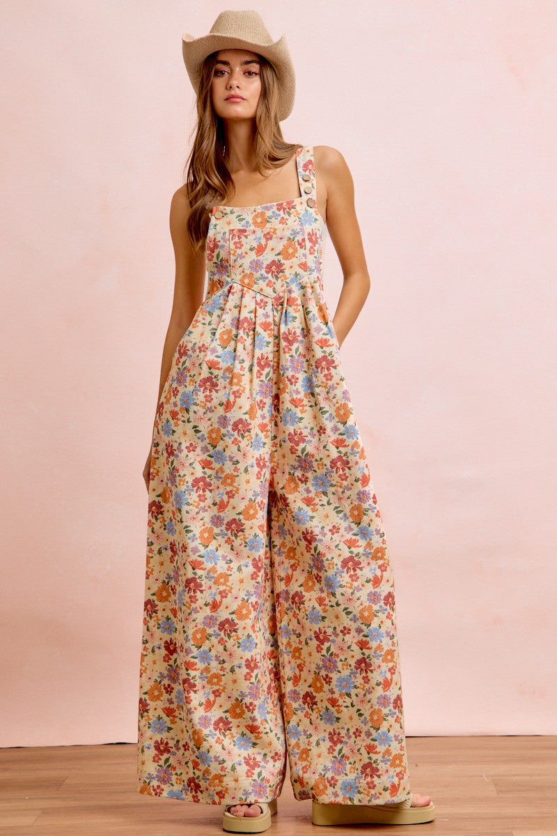 Washed Floral Twill Front Pockets Detail Overall