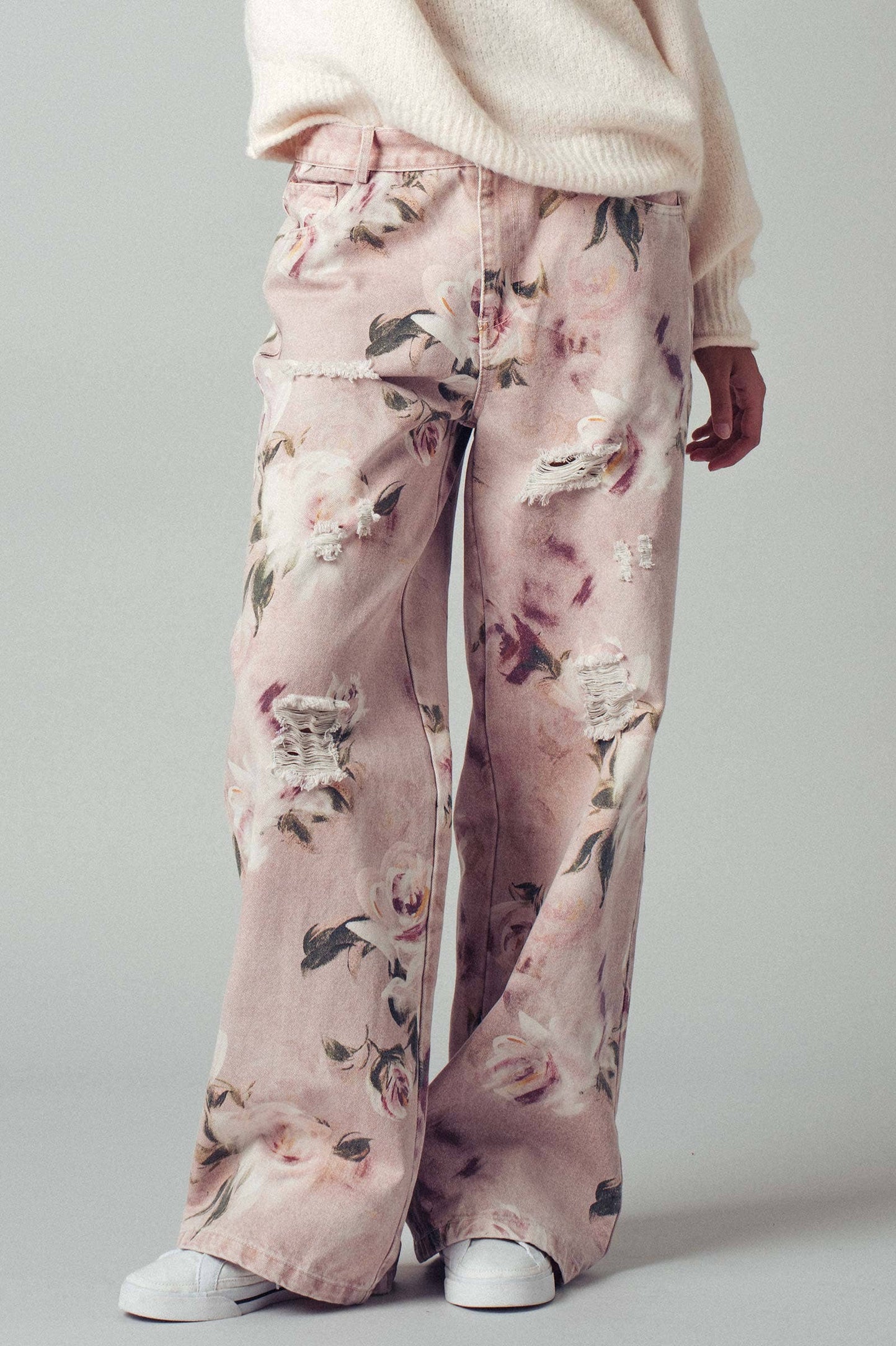 Romantic Rose Print High-Rise Denim Pants