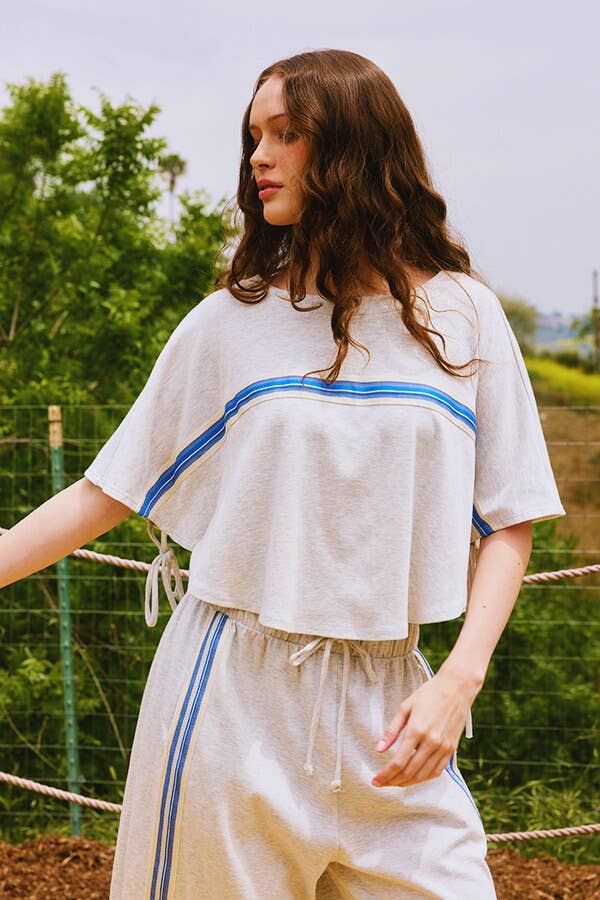 Tie Sleeves Stripe Trimmed Crop Top