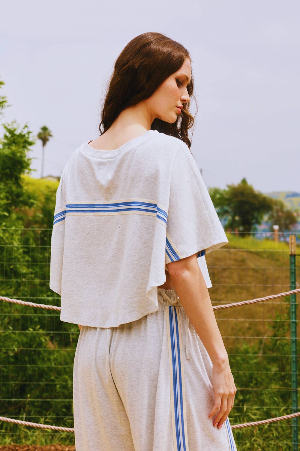 Tie Sleeves Stripe Trimmed Crop Top