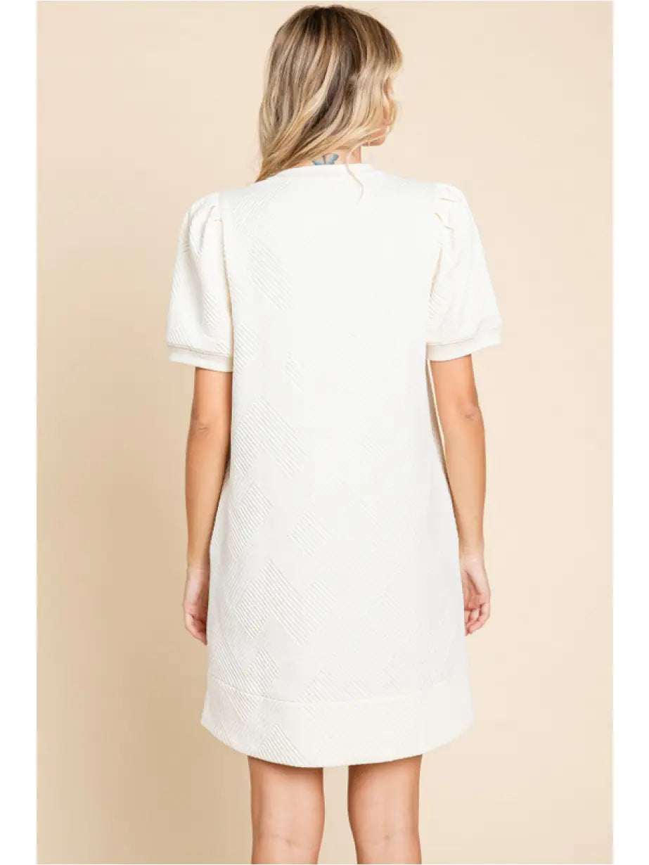 Textured Round Neck Dress with Pockets - Ivory