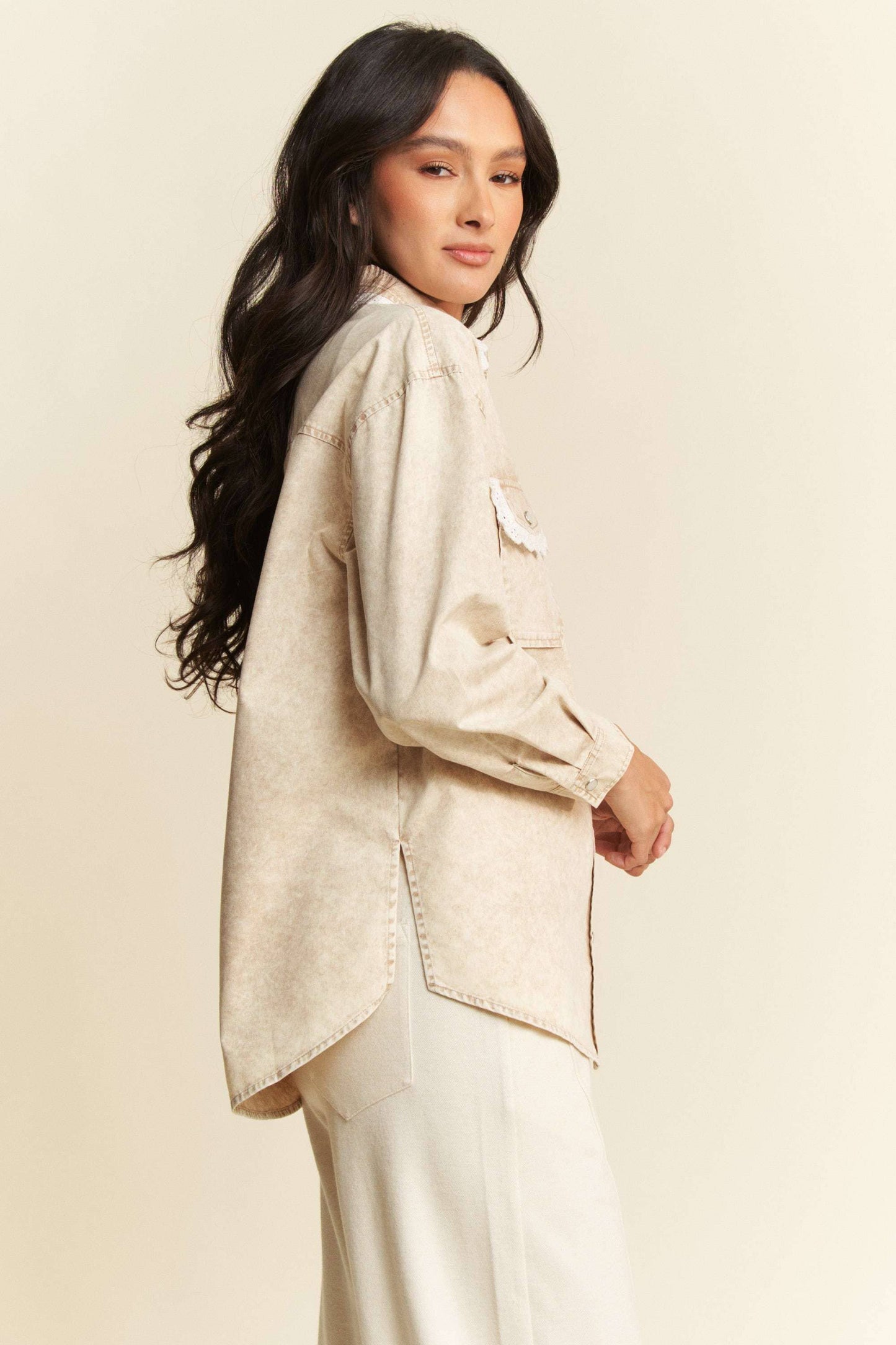 Lightweight Washed Lace Edge Waffle Knit Top - Beige