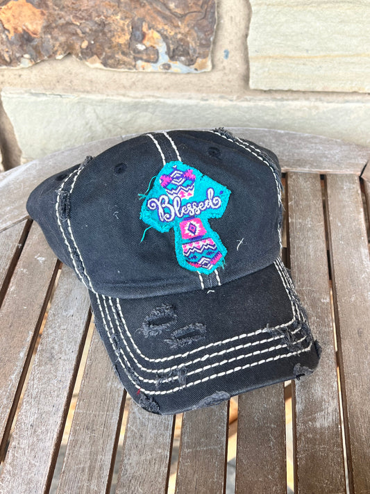 Blessed Cross Detail Distressed Ball Cap