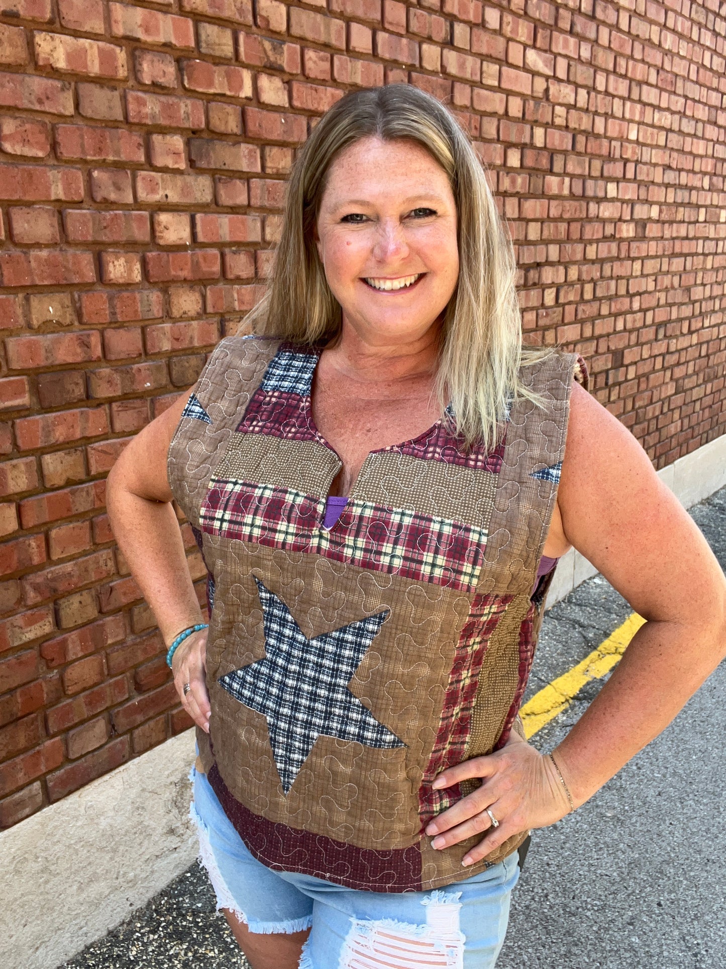 Vintage Quilted Sleeveless Top - Brown with Star Detail