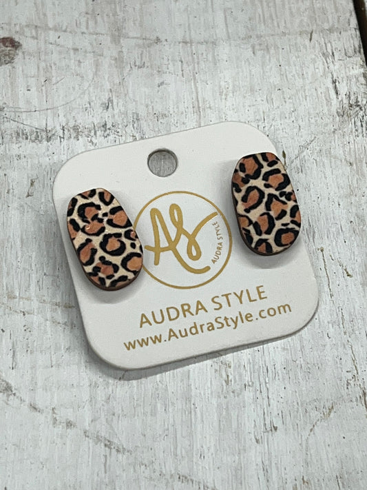 Leopard Print Wooden Earring Studs