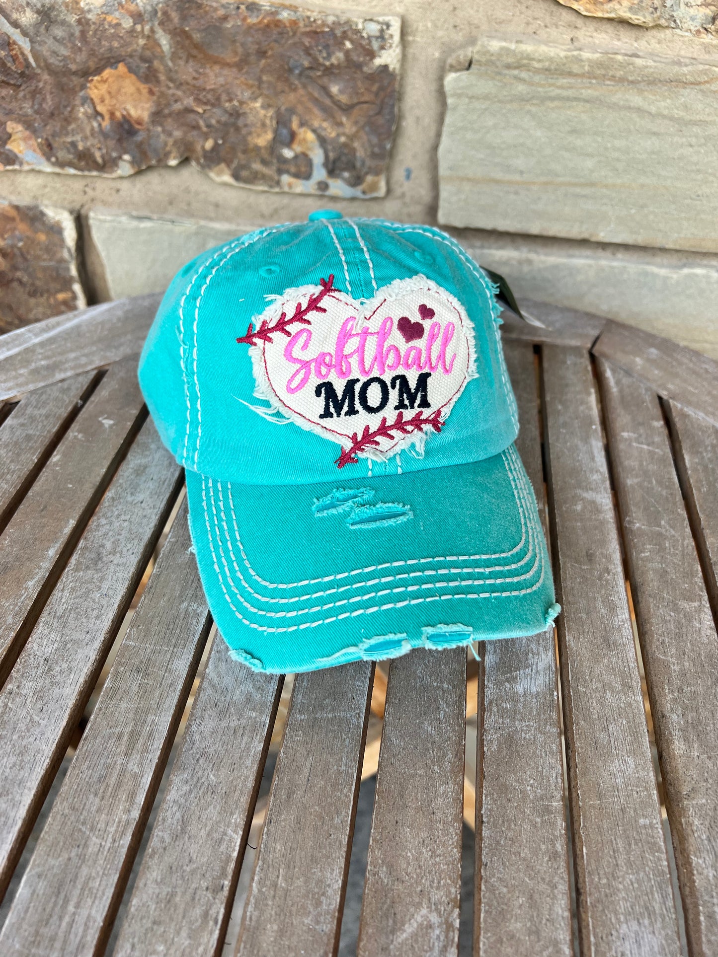 Softball Mom Distressed Ball Cap - Turquoise