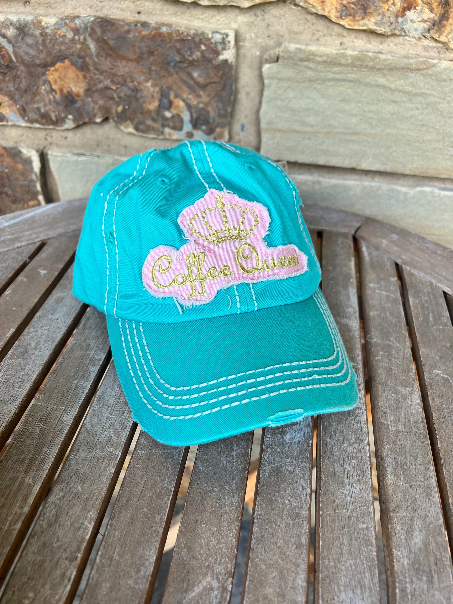 Coffee Queen Distressed Ball Cap - Turquoise