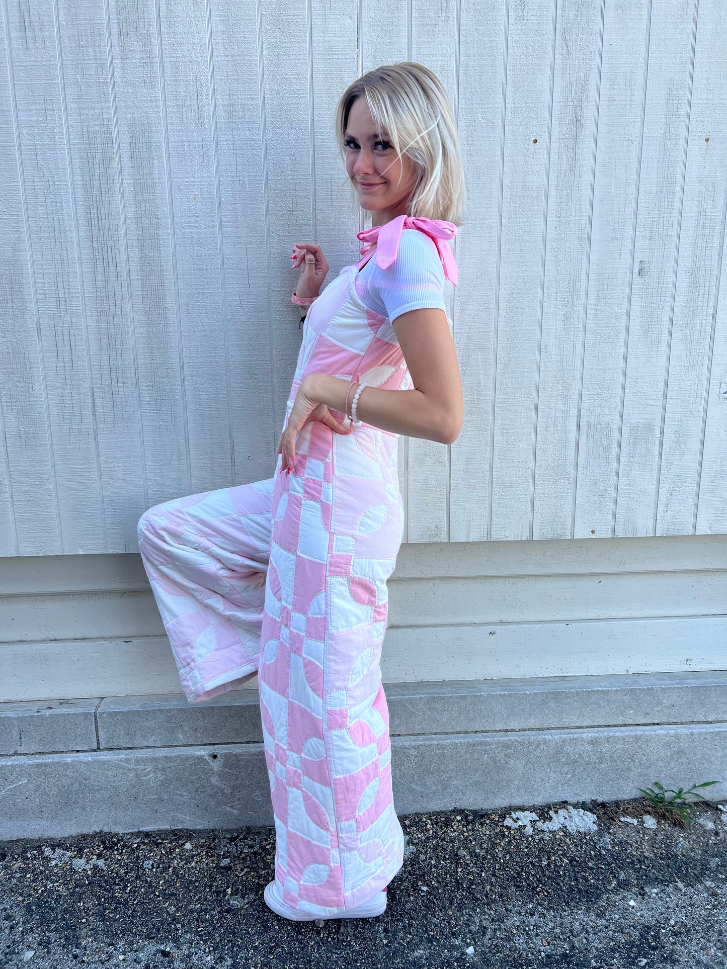 Vintage Quilted Pant Overalls - Pink/White