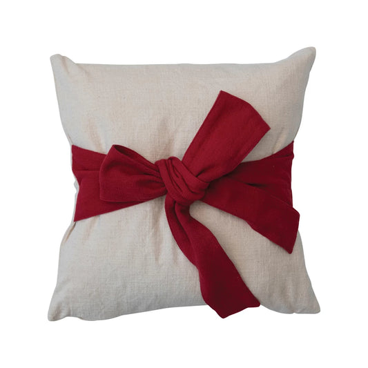 18" Square Hand-Woven Cotton Slub Pillow w/ Bow