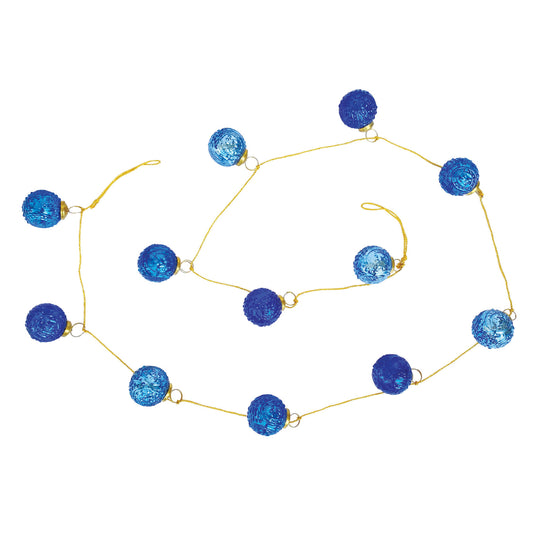 Embossed Mercury Glass Ornament Garland with Gold Cord, Blue