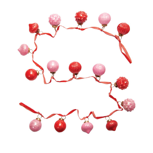 Embossed Recycled Mercury Glass Ornament Garland with Velvet Ribbon