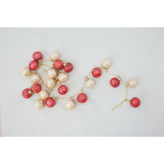 Embossed Mercury Glass Ball Ornament Garland with Gold Cord, Berry & Blush Color