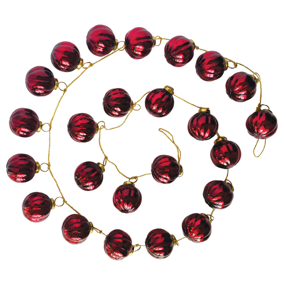 Embossed Recycled Mercury Glass Ball Ornament Garland with Gold Cord, Burgundy