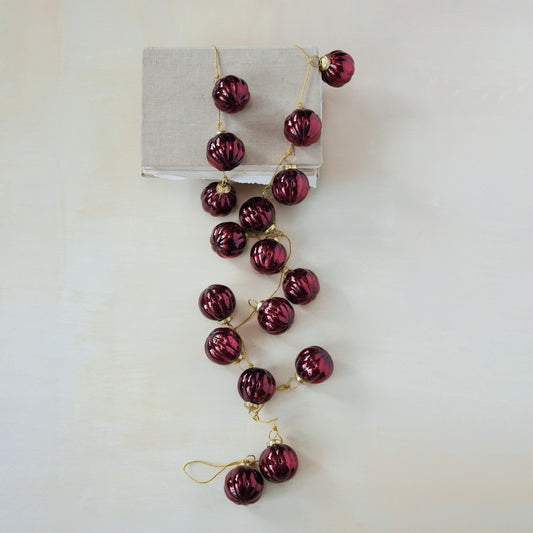 Embossed Recycled Mercury Glass Ball Ornament Garland with Gold Cord, Burgundy