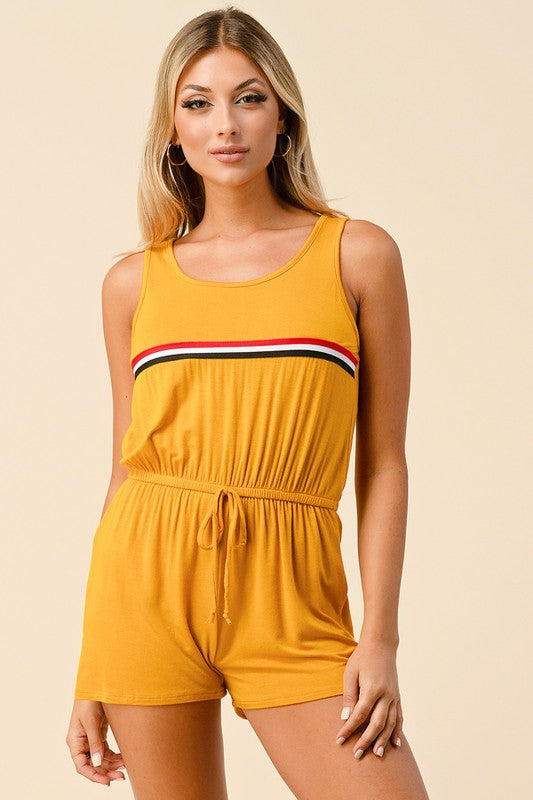 Front Stripe Taupe Sleeveless Romper - Mustard