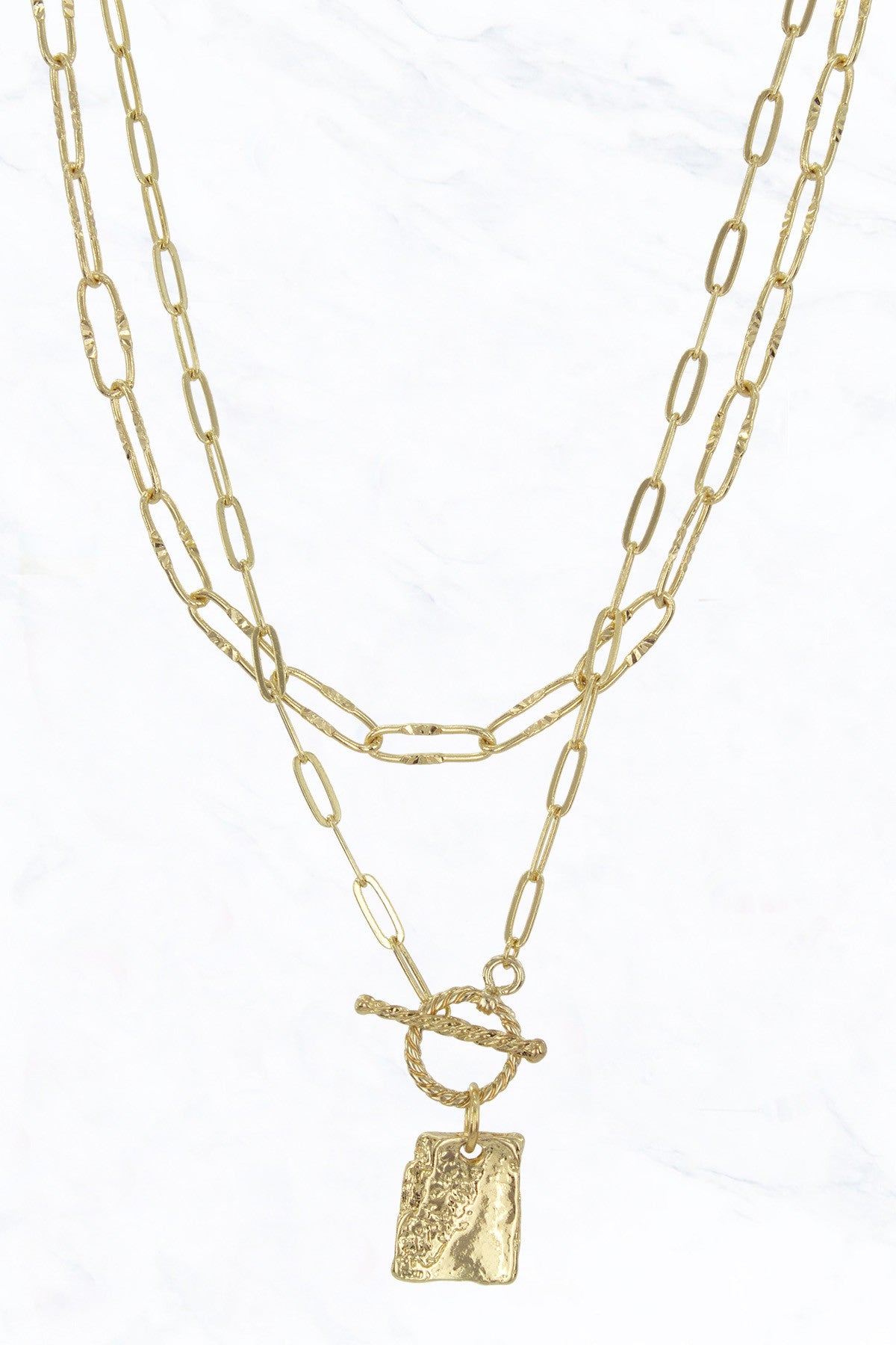 Gold 2 Row Chain Toggle Square Necklace