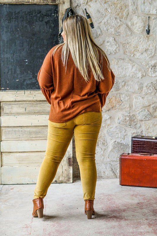 Curvy Girl Mid Rise Skinny Corduroy Pants - Mustard
