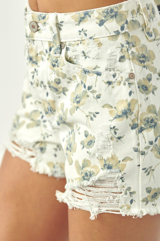 High Rise Floral Print Denim Shorts