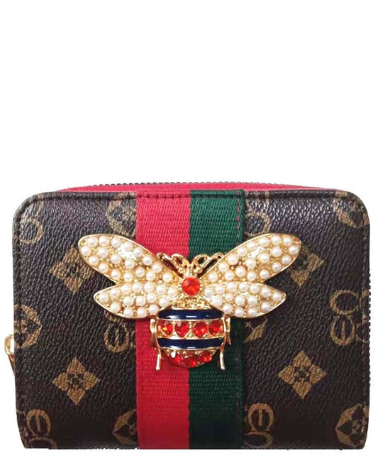 Queen Bee Striped Monogram Wallet - Brown