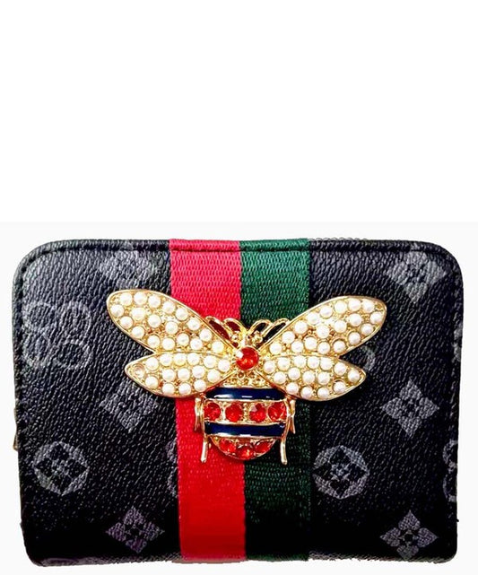 Queen Bee Striped Monogram Wallet - Black
