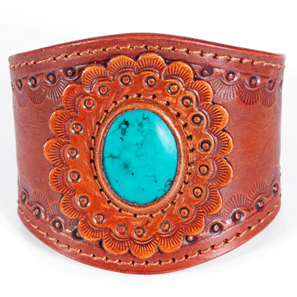 Western Tooled Turquoise Stone Leather Cuff Bracelet