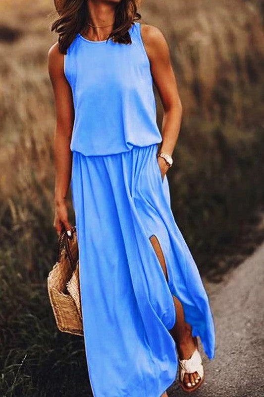 Loose Fit Maxi Dress with Front Slit - Blue