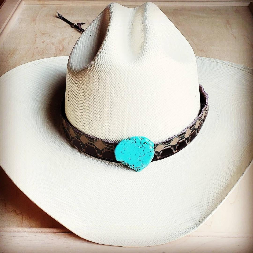 Navajo Embossed Leather Hat Band w/ Turquoise Slab