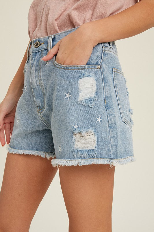 Star Embroidered Denim Shorts