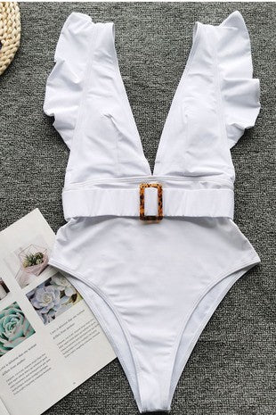 White Print Mono Sleeve One Piece Swimsuit