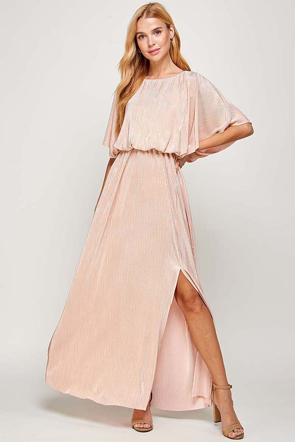 Metallic Stripe Pleats Dress - Pink